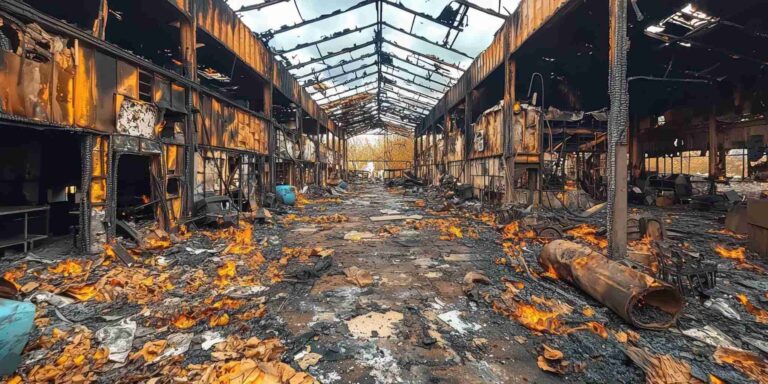 Commercial building destroyed by major fire requiring emergency commercial fire damage restoration and debris cleanup from Paul Davis Restoration of the Space Coast in Florida